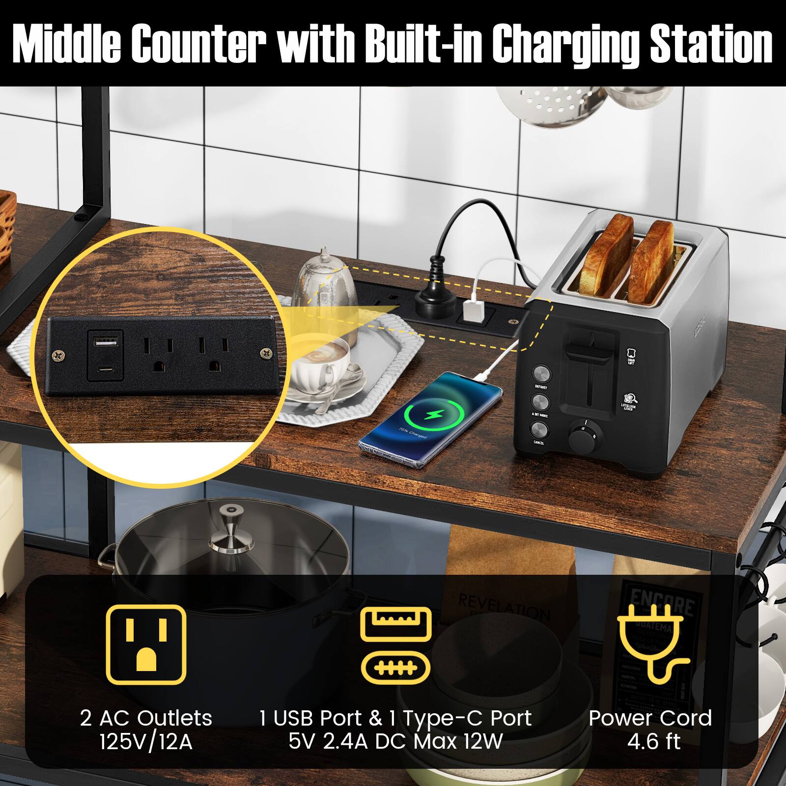 Middle Counter with Built-in Charging Station

- 2 AC Outlets 125V/12A
- 1 USB Port & 1 Type-C Port 5V 2.4A DC Max 12W
- Power Cord 4.6 ft