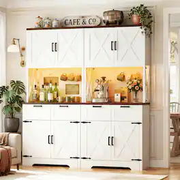 Aheaplus - 71'' Tall Kitchen Pantry Storage Cabinet: with 2 Drawers, Charging Station, and LED Lights, 2 Packs - White & Rustic