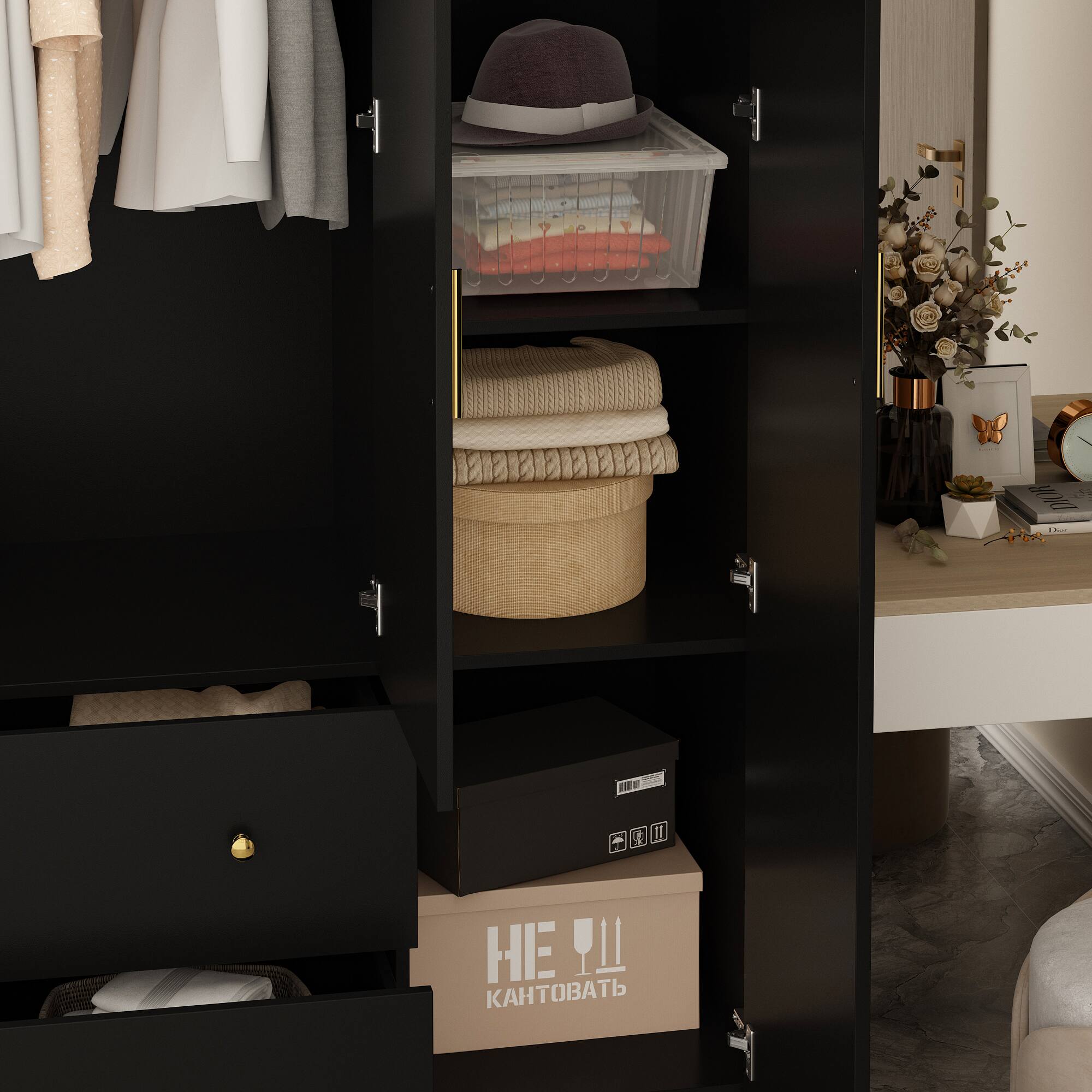 Alt View 4. Famapy - Full-Length Mirror Wardrobe with Drawers & Open Shelves Modern Bedroom Closet for Clothes, Accessories & Organization - Black.