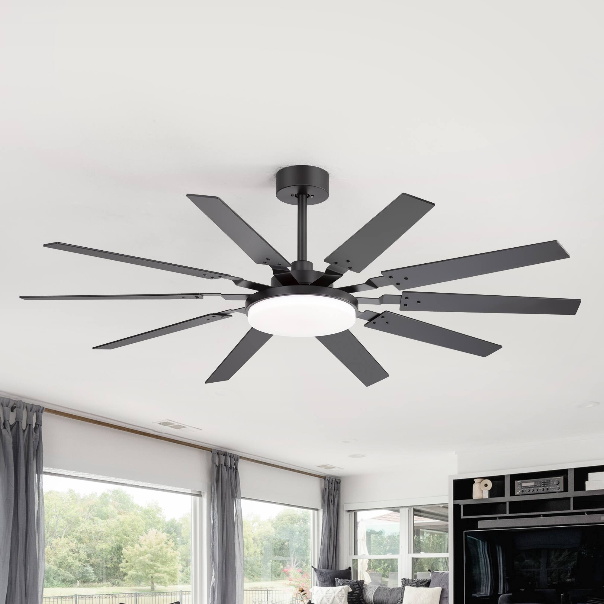 Back. Breezary - 60-In Indoor Ceiling Fan with 10 Plywood Blades, DC Motor, 3-Color LED Light, Remote & 5"/10" Downrods, Timer - Matte Black.