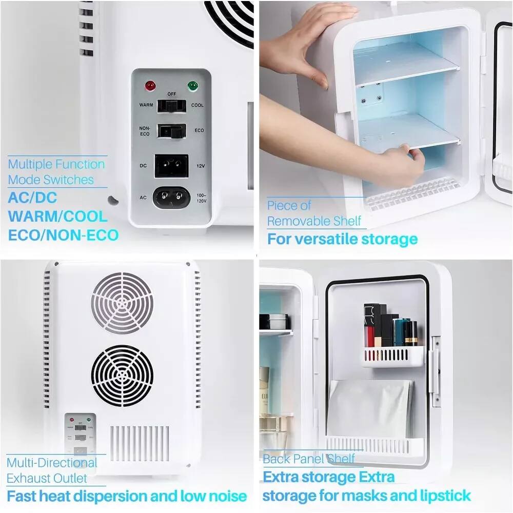 Multiple Function Mode Switches  
AC/DC  
WARM/COOL  
ECO/NON-ECO  

Piece of Removable Shelf  
For versatile storage  

Multi-Directional Exhaust Outlet  
Fast heat dispersion and low noise  

Back Panel Shelf  
Extra storage for masks and lipstick