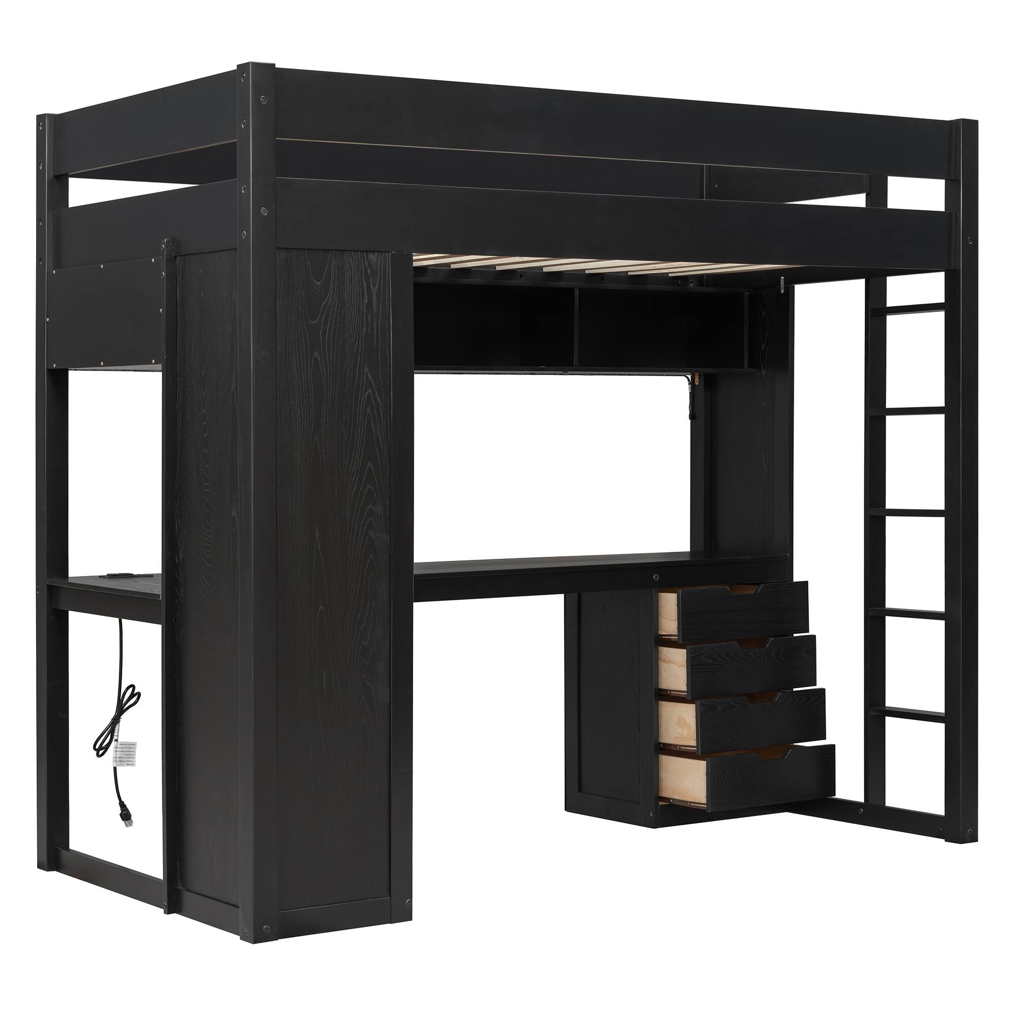 Alt View 3. Anysun - Twin Solid Wood Loft Bed with L-Shaped Desk & 4 Drawers -App-Controlled RGB Lights, USB Ports & 4-Tier Shelves - Black.