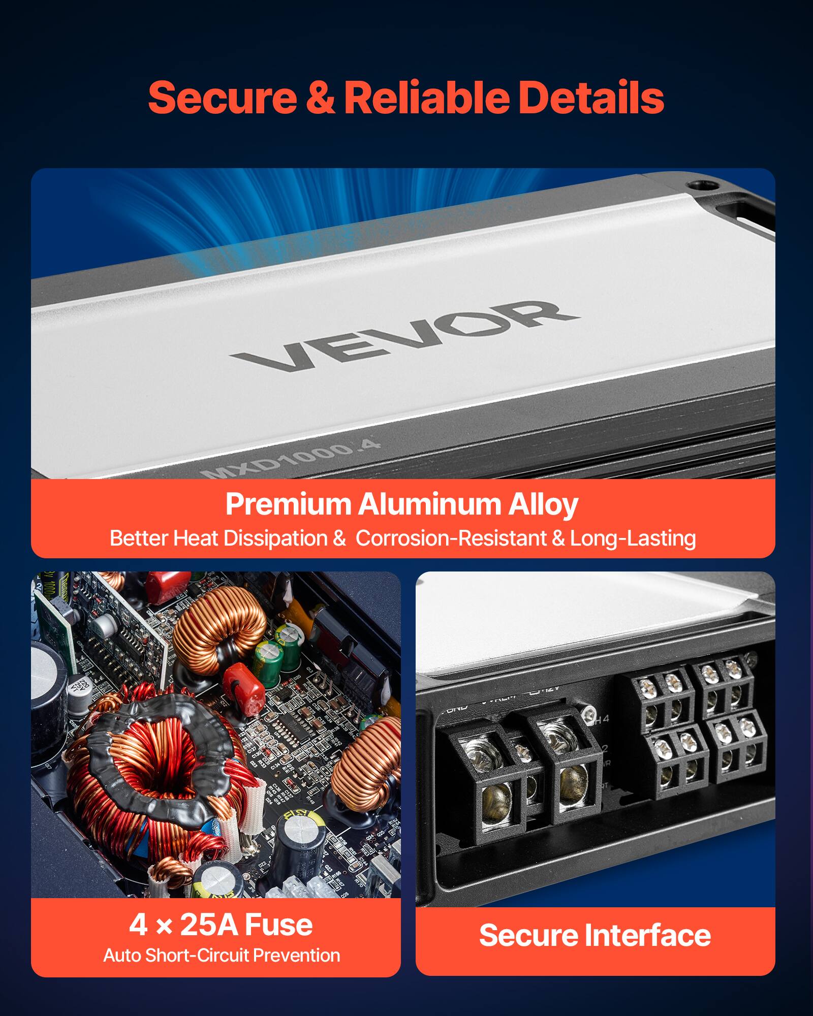 Secure & Reliable Details

VEVOR MXD10004

Premium Aluminum Alloy  
Better Heat Dissipation & Corrosion-Resistant & Long-Lasting

4 x 25A Fuse  
Auto Short-Circuit Prevention

Secure Interface