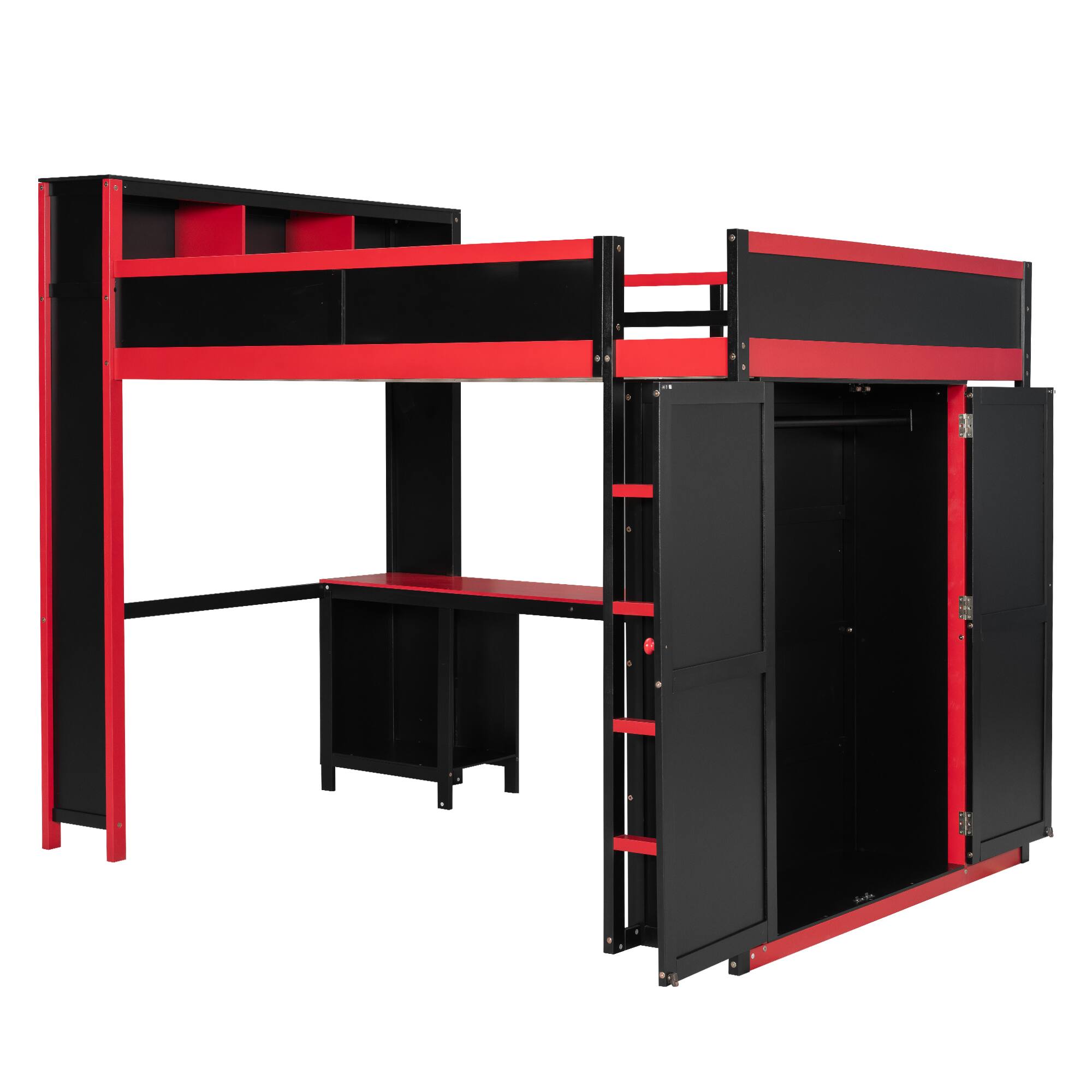 Back. Whisen - Queen Gaming Loft Bed with Desk, Wardrobe, and Storage Headboard, Space-Saving Workstation - Red|Black.