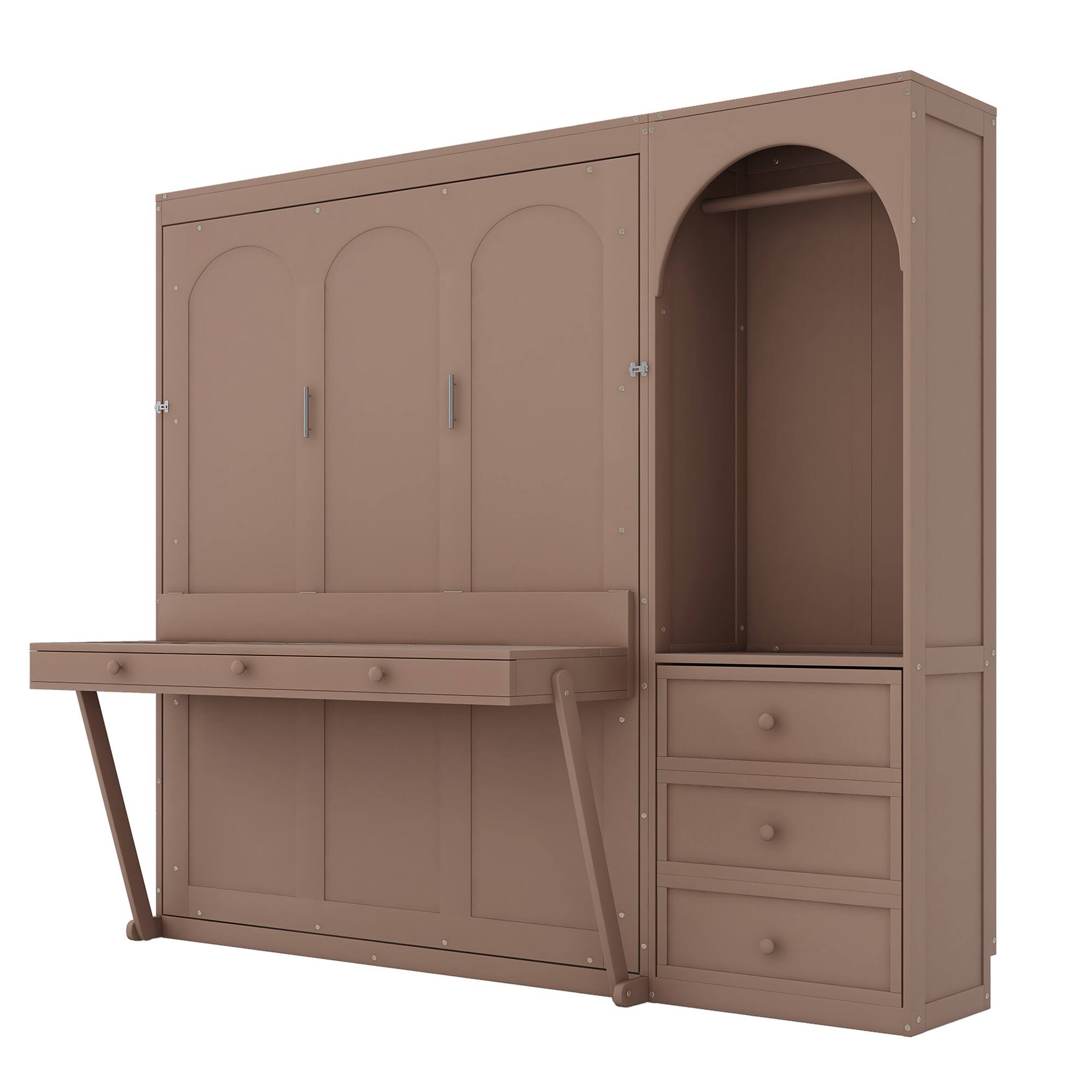 Alt View 2. Whisen - Queen Size Murphy Bed with Storage Shelf, LED Light, Closet Rod & 3 Drawers, Space-Saving Desk Unit - Brown.