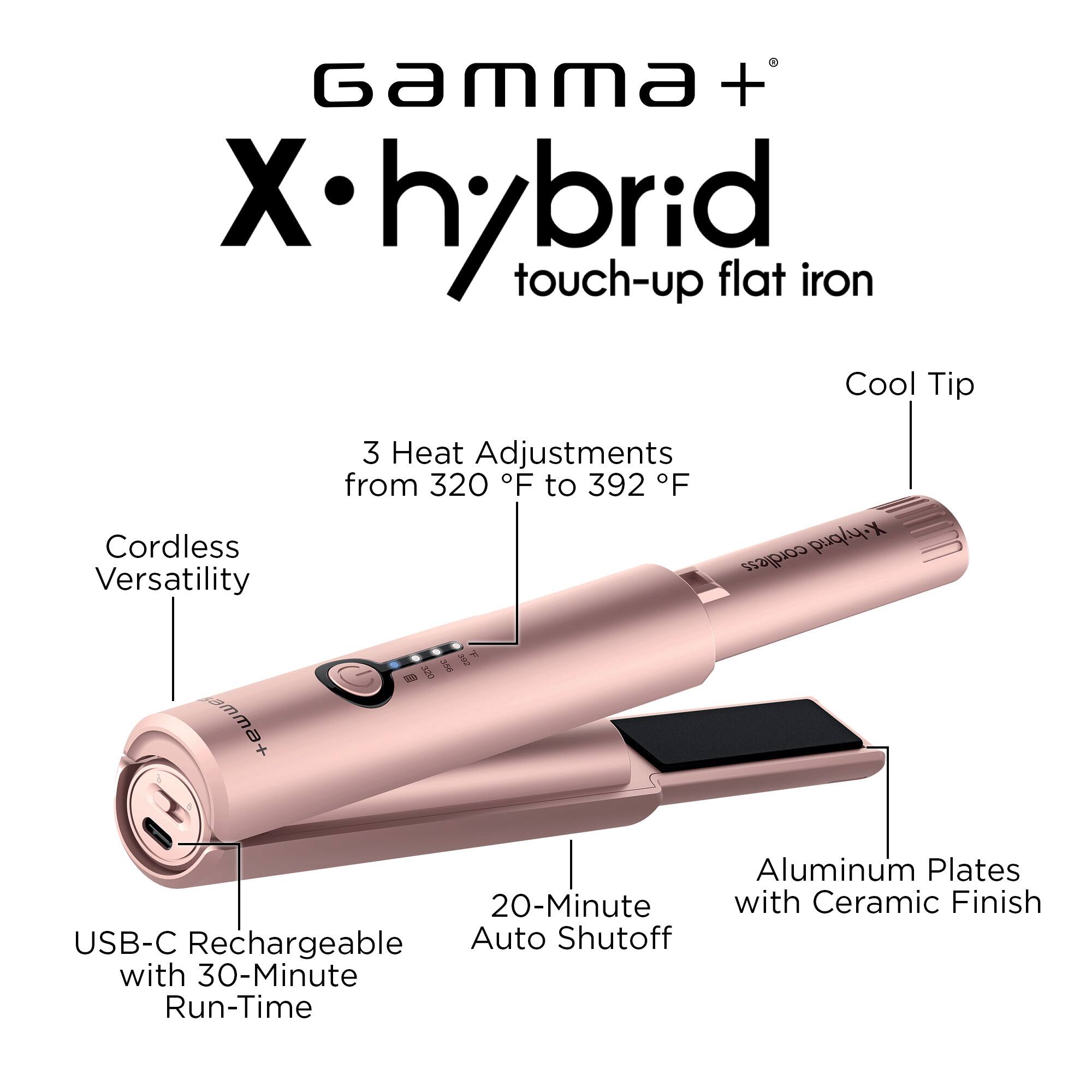Gamma + X hybrid touch-up flat iron

- Cordless Versatility
- 3 Heat Adjustments from 320°F to 392°F
- Cool Tip
- Aluminum Plates with Ceramic Finish
- USB-C Rechargeable with 30-Minute Run-Time
- 20-Minute Auto Shutoff
