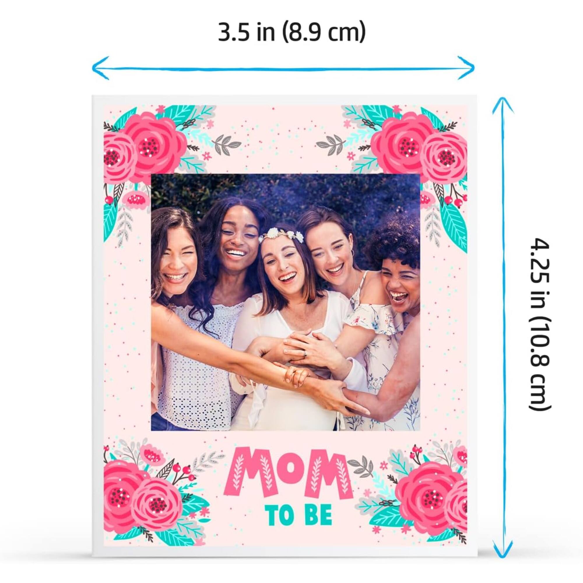 The text on the image reads "3.5 in (8.9 cm) MOM TO BE 4.25 in (10.8 cm)".