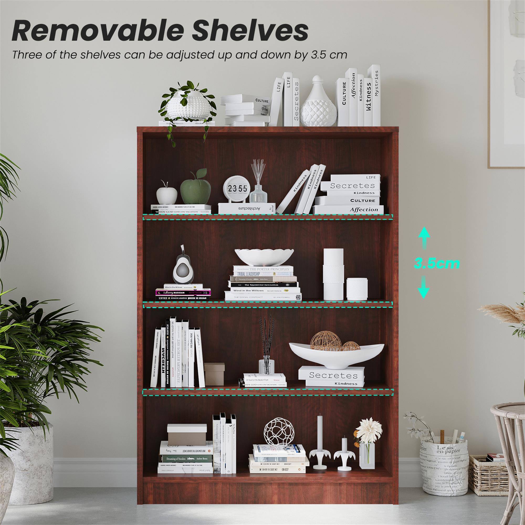 Removable Shelves  
Three of the shelves can be adjusted up and down by 3.5 cm  

LIFE  
Affection  
Kindness  
Secretes  
CULTURE  
Architecture  

3.5cm