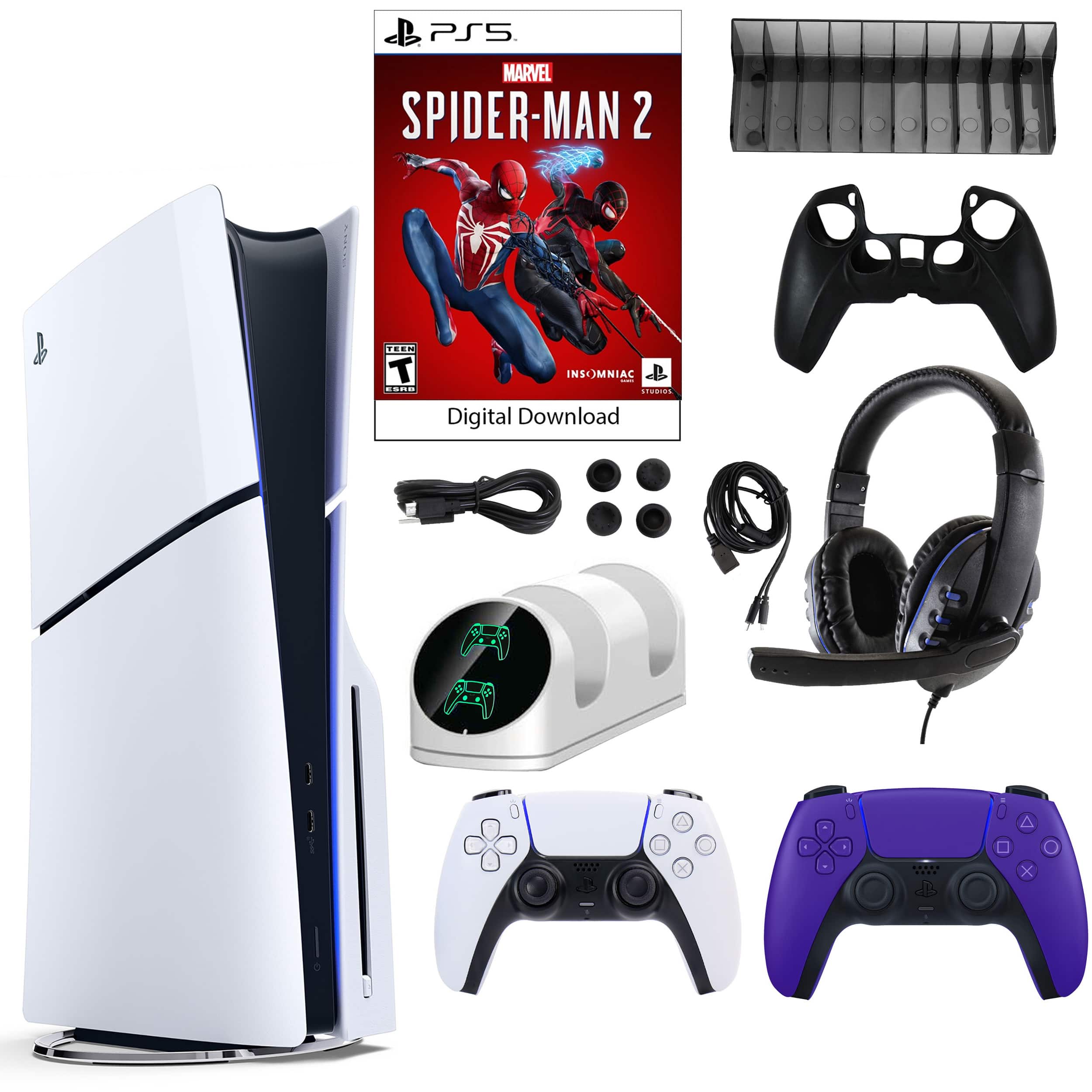 PS5 Spider Man 2 Console with Extra Purple Dualsense Controller and Accessories Kit - PlayStation 5