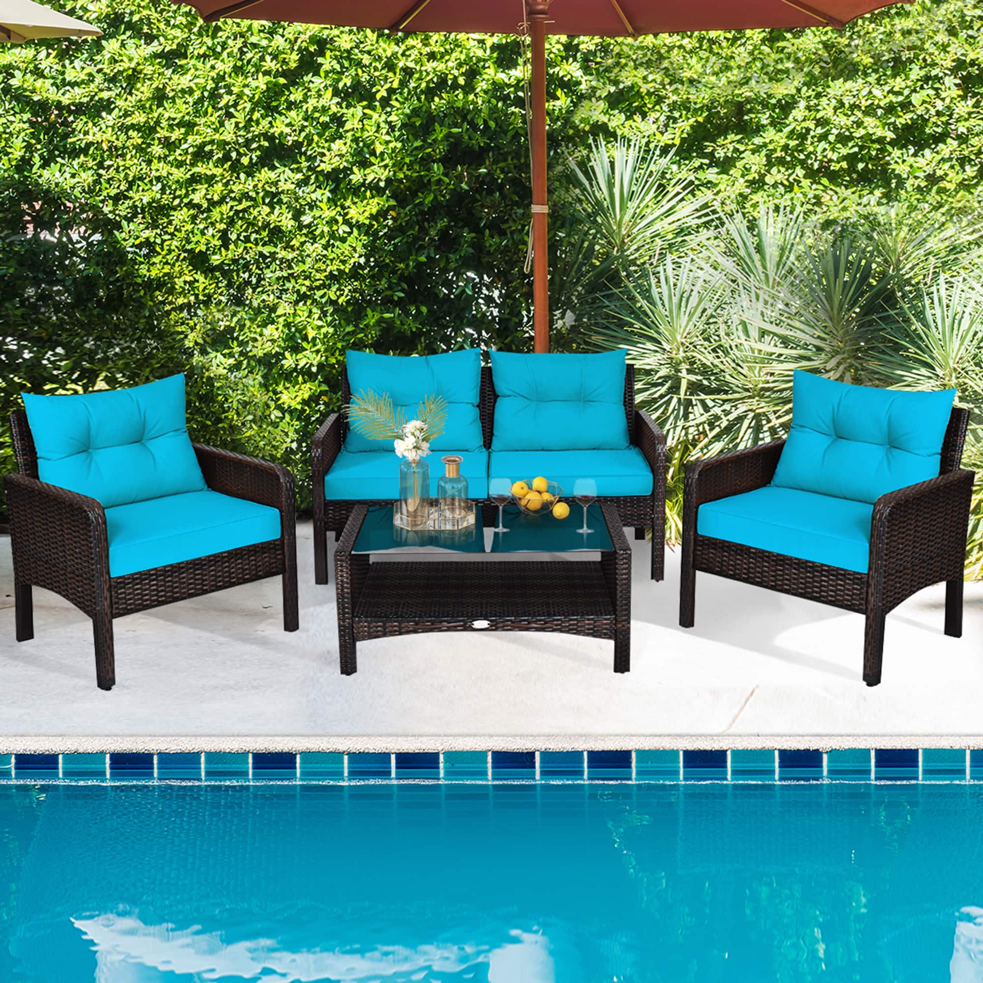 Gymax - 4PCS Rattan Patio Furniture Conversation Set Cushioned Outdoor Furniture Set - Turquoise price history on PriceWatchPro