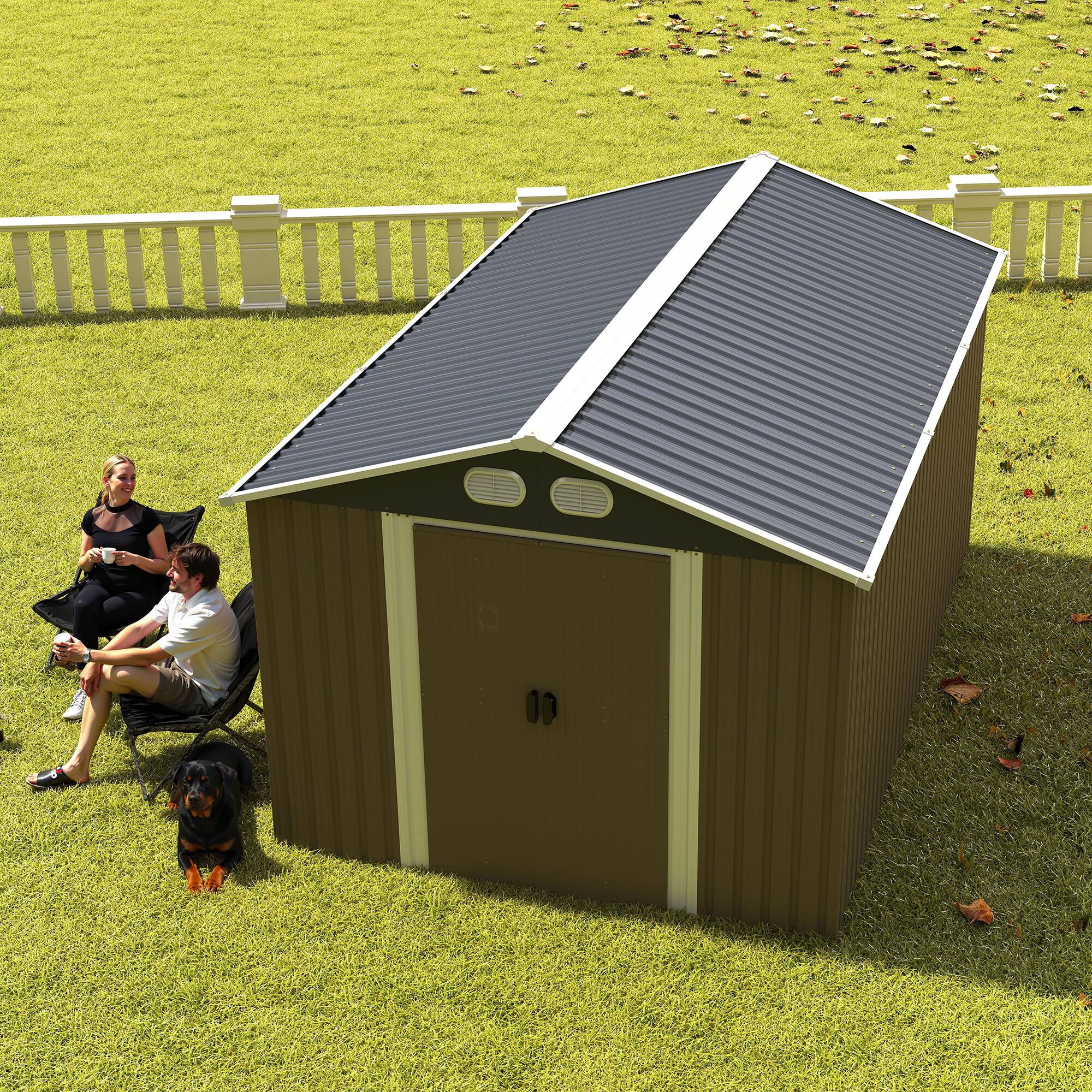 Back. Anysun - 8x12ft Metal Storage Shed with Lockable Door & Ventilation, Heavy-Duty Outdoor Garden Tool Shed for Backyard or Lawn - Brown.