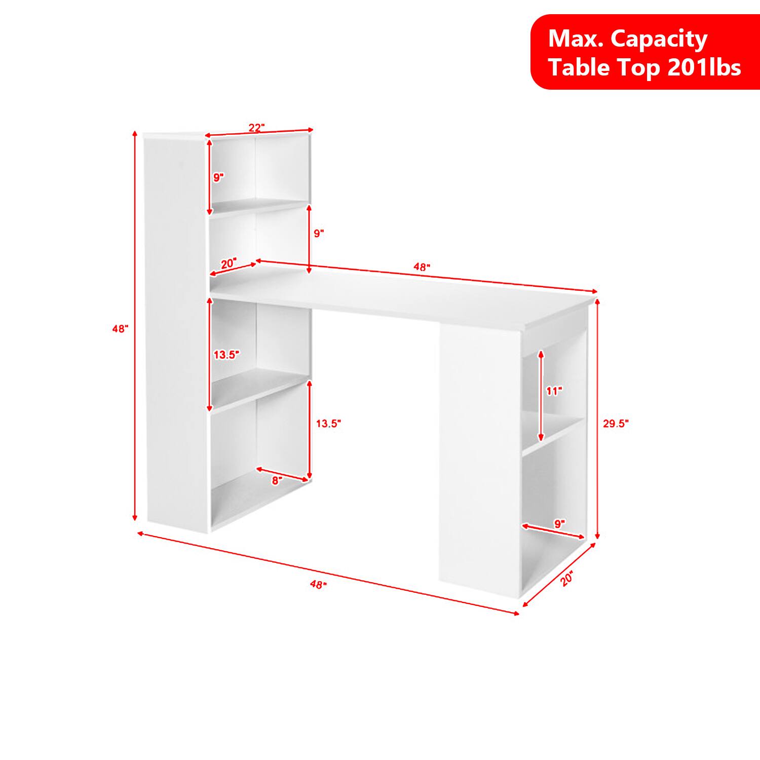 Max. Capacity Table Top 201lbs

22" 9" 9" 20" 48" 48" 13.5" 11" 13.5" 29.5" 8" 9" 48" 20"