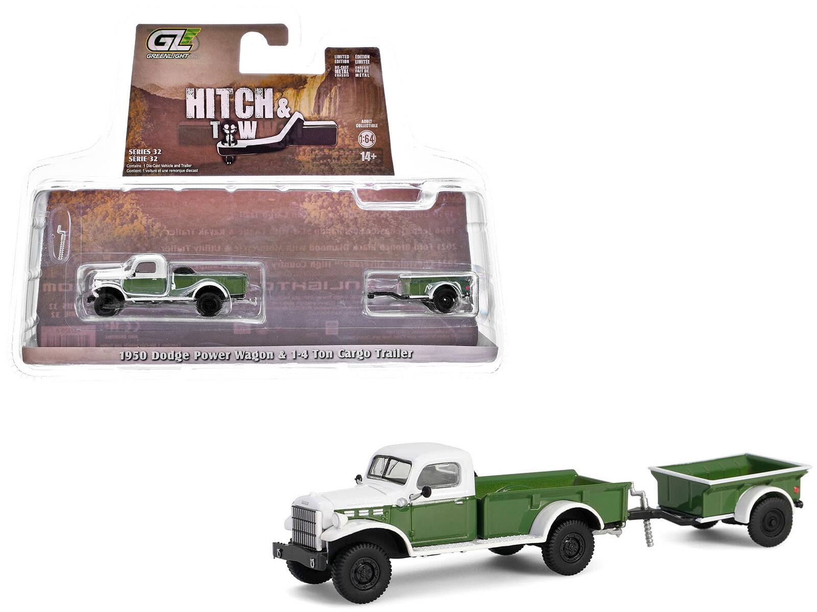 GL GREENLIGHT  
HITCH & TOW SERIES 32  
SERIE 32  
1:64  
14+  

1950 Dodge Power Wagon & 1-4 Ton Cargo Trailer  

LIMITED EDITION  
EDITION LIMITÉE  

ABRIT  
1:64  
14+  

1950 Dodge Power Wagon & 1-4 Ton Cargo Trailer
