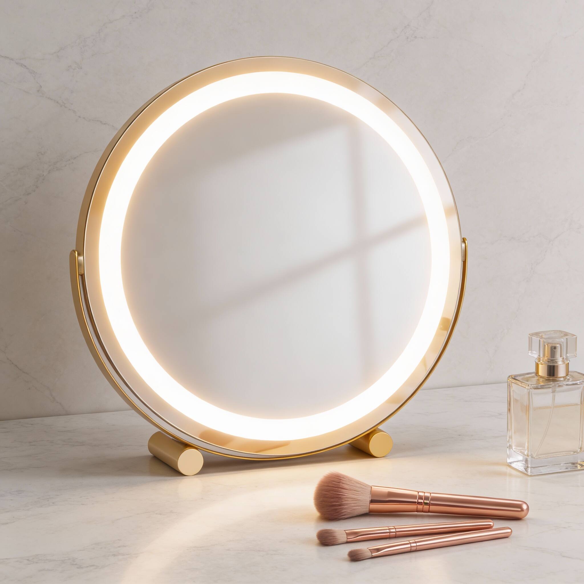Alt View 1. PO3TICJUNKI3 - 12" Gold Lighted Makeup Mirror, 3-Color Dimmable LED, 360° Rotating Tabletop - White 18"L x 18"W.