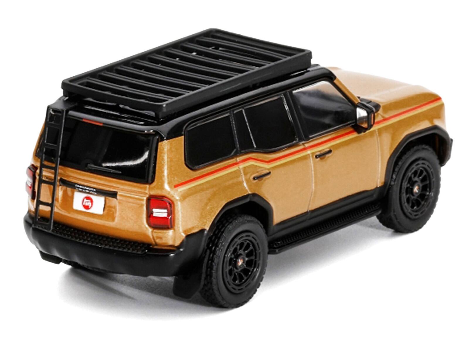 Alt View 2. GCD - 2024 Toyota Land Cruiser Prado Gold Metallic with Red Stripes and Roof Rack 1/64 Diecast Model Car by GCD.
