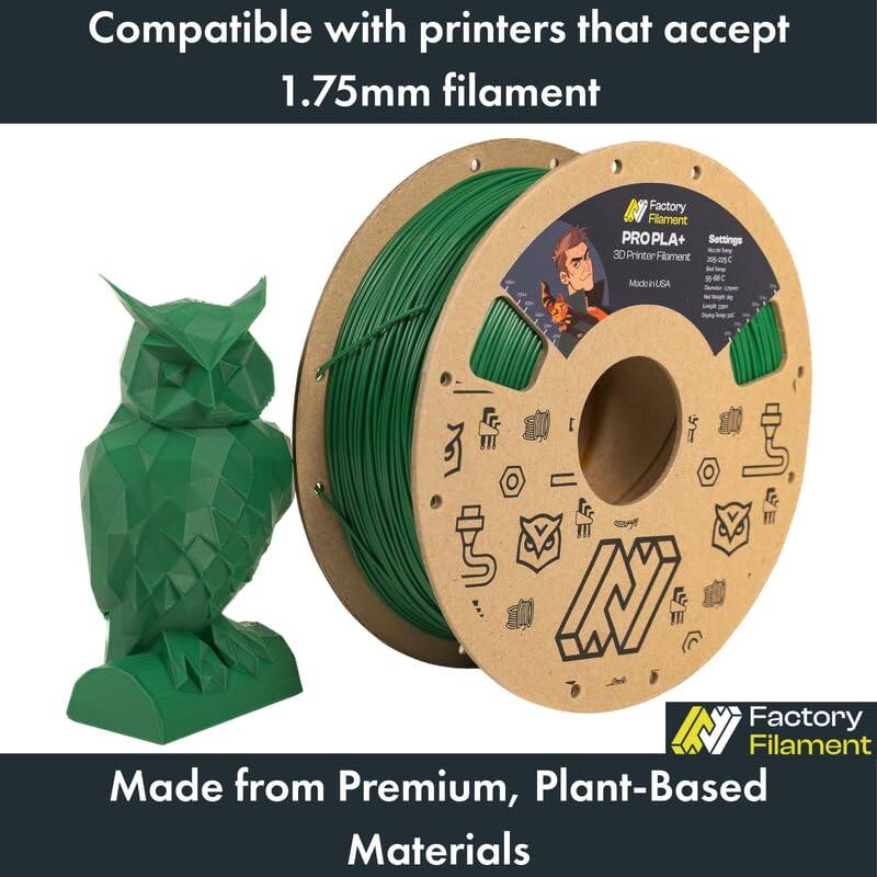 Compatible with printers that accept 1.75mm filament

Factory Filament PROPLA+ Settings

30 Printer Filament

209

Made in USA

-66C

Inn Dty 5

11 VII

UT IN

Factory Filament Made from Premium, Plant-Based Materials