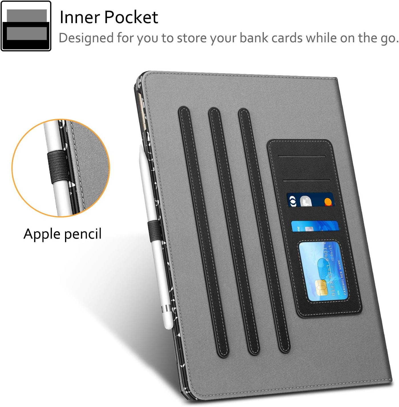 Inner Pocket  
Designed for you to store your bank cards while on the go.  

Apple pencil  

P TO LT/40-00 4,50.7 NAME 0123 C POLIC CARDHOLDER