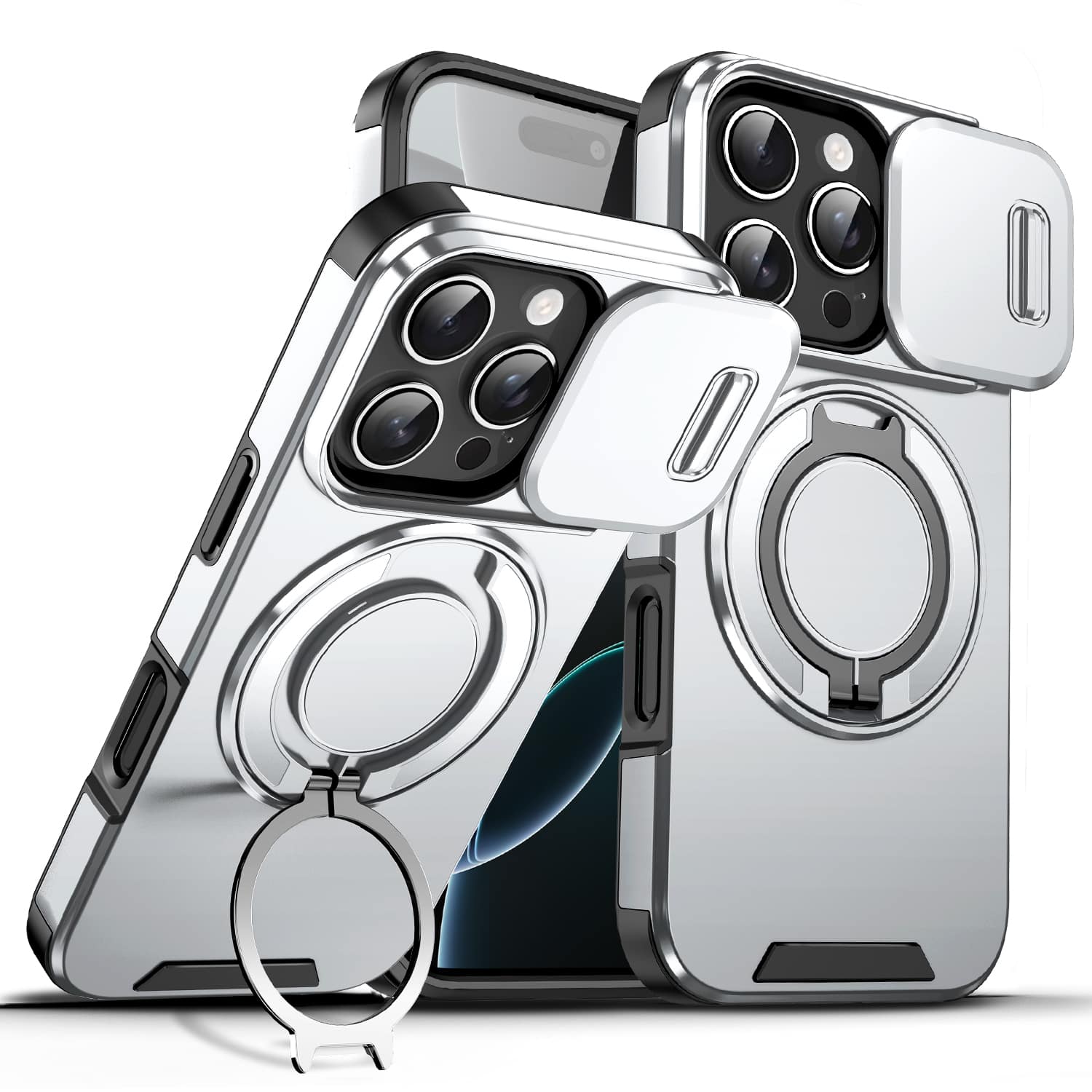 UUCOVER - Magnetic Case with Slide Camera Lens Cover & 360° Ring Stand for Apple iPhone 16 Pro Max - Drop Protection Phone Cover - Silver price history on PriceWatchPro