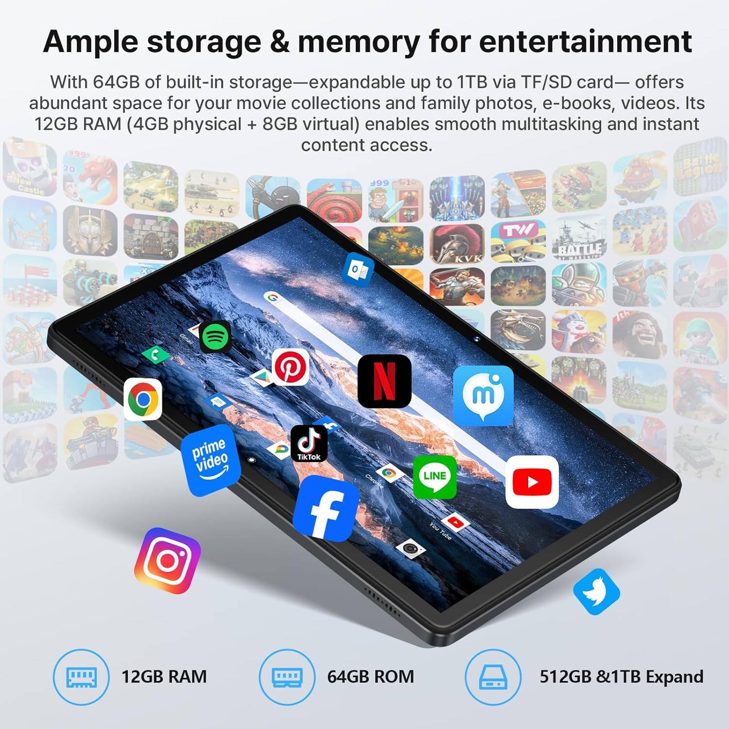 Ample storage & memory for entertainment

With 64GB of built-in storage—expandable up to 1TB via TF/SD card—offers abundant space for your movie collections and family photos, e-books, videos. Its 12GB RAM (4GB physical + 8GB virtual) enables smooth multitasking and instant content access.

12GB RAM
64GB ROM
512GB &1TB Expand