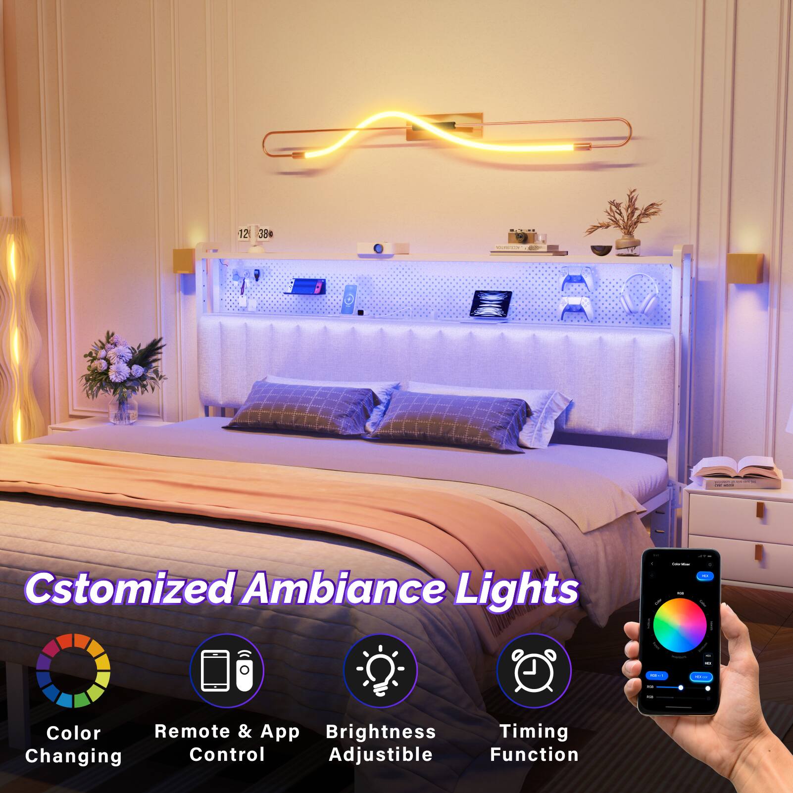 12 384 | - 1 : Customized Ambiance Lights - - I I -... . - -- I . I - Color Remote & App Brightness Timing Changing Control Adjustable Function