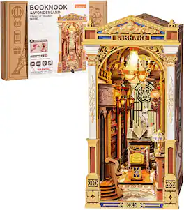 Robotime - Rolife Book Nook Kits Library of Wonders 3D Puzzle, 10.4" Decorative Bookends Baroque-Style Booknook Bookshelf Insert - Brown