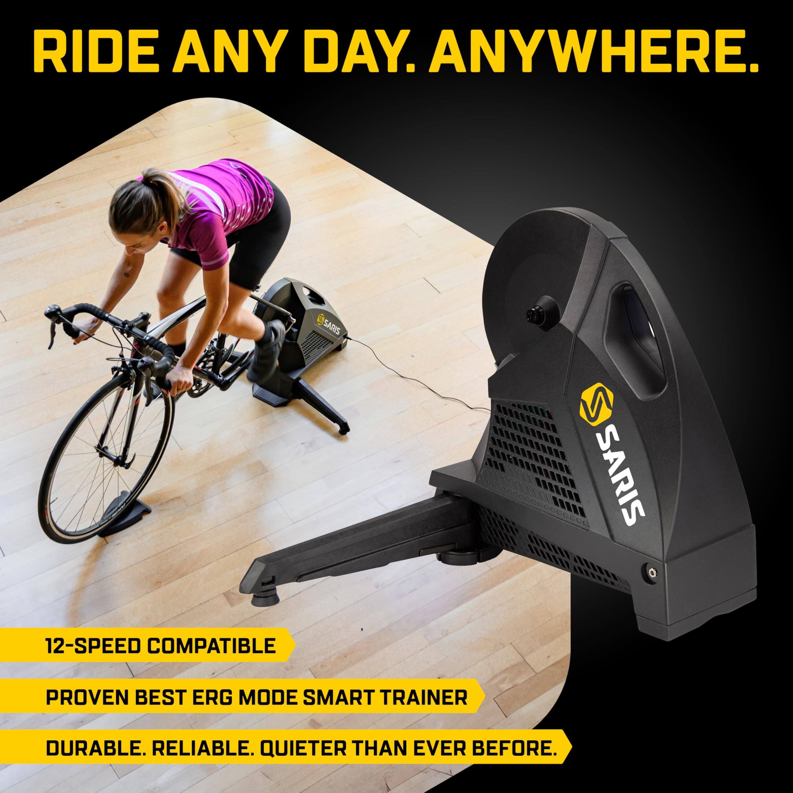 RIDE ANY DAY. ANYWHERE. SARIS 12-SPEED COMPATIBLE. PROVEN BEST ERG MODE SMART TRAINER. DURABLE. RELIABLE. QUIETER THAN EVER BEFORE.