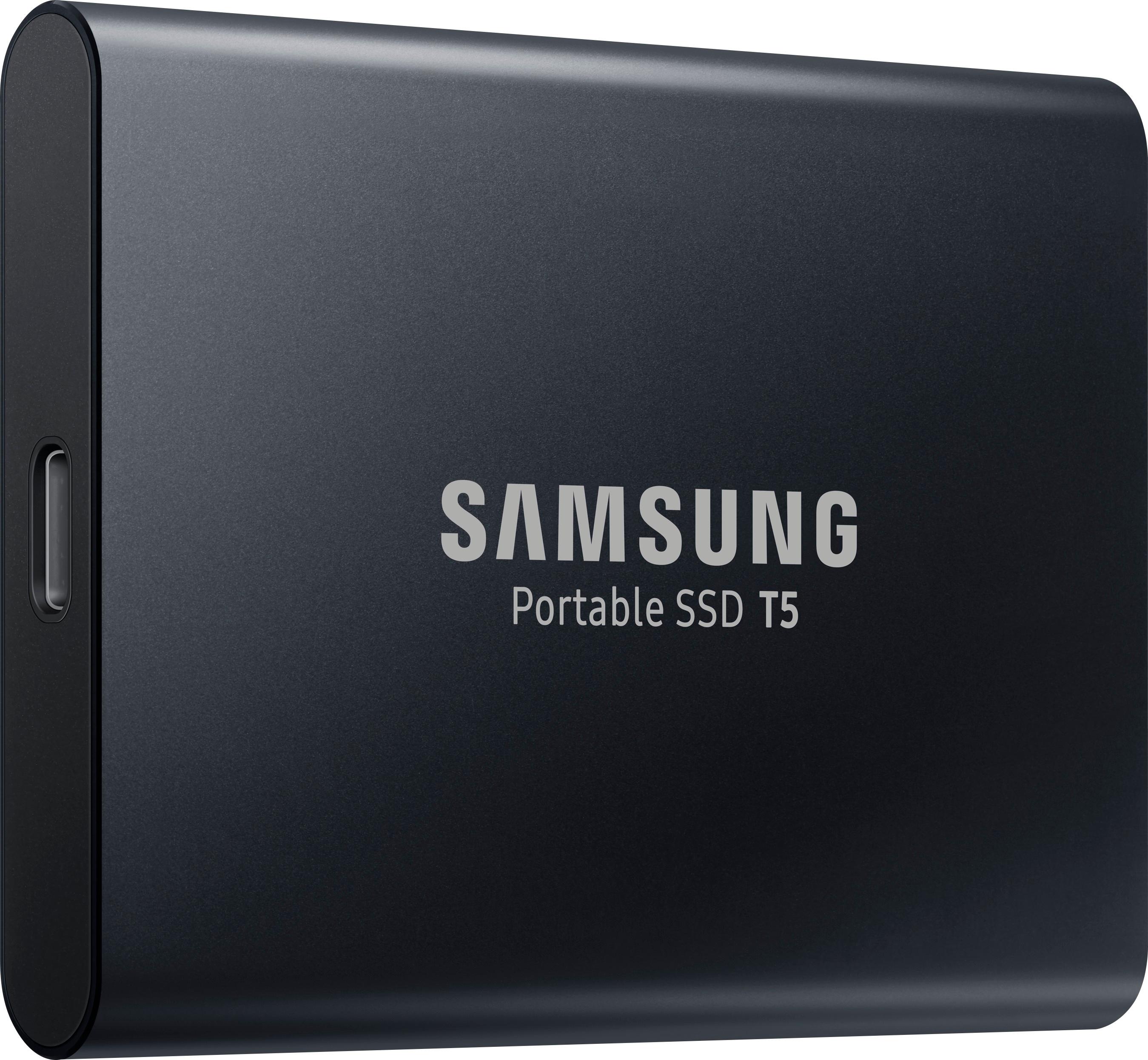 Angle View: Samsung - T5 1TB External USB Type C Portable SSD - Deep black