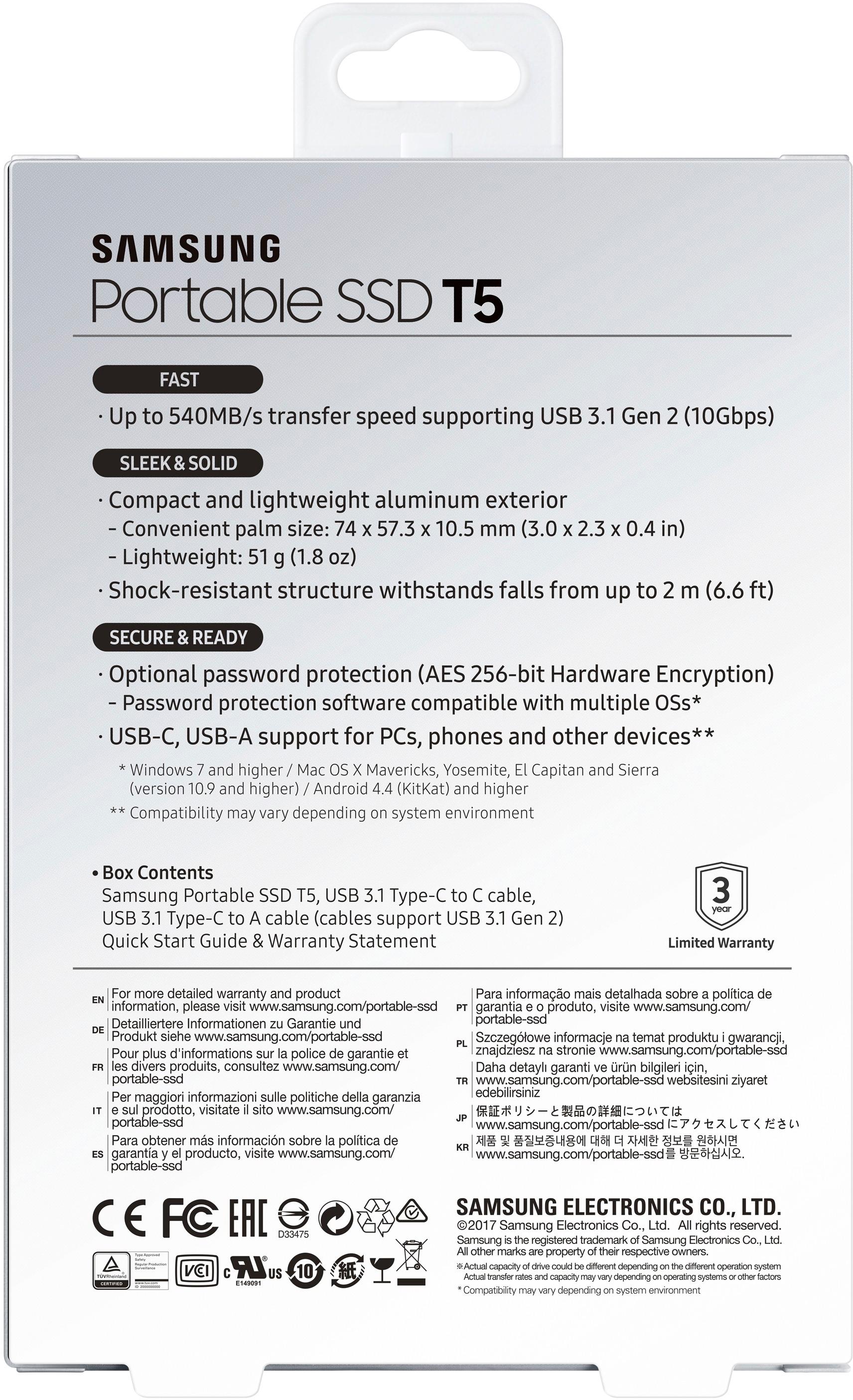 Samsung T5 - Disque SSD externe portable - Mémoire 500Go - USB3.1