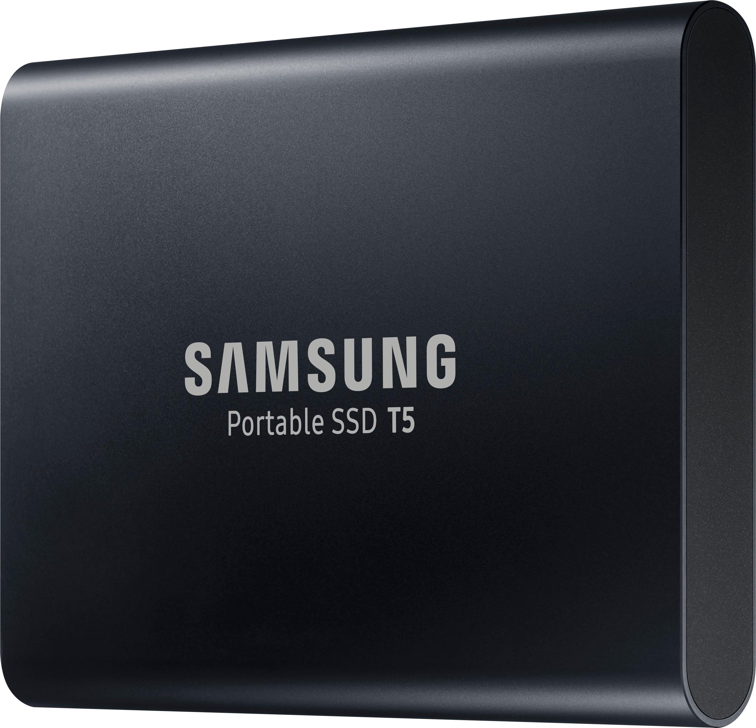 Left View: Samsung - T5 1TB External USB Type C Portable SSD - Deep black