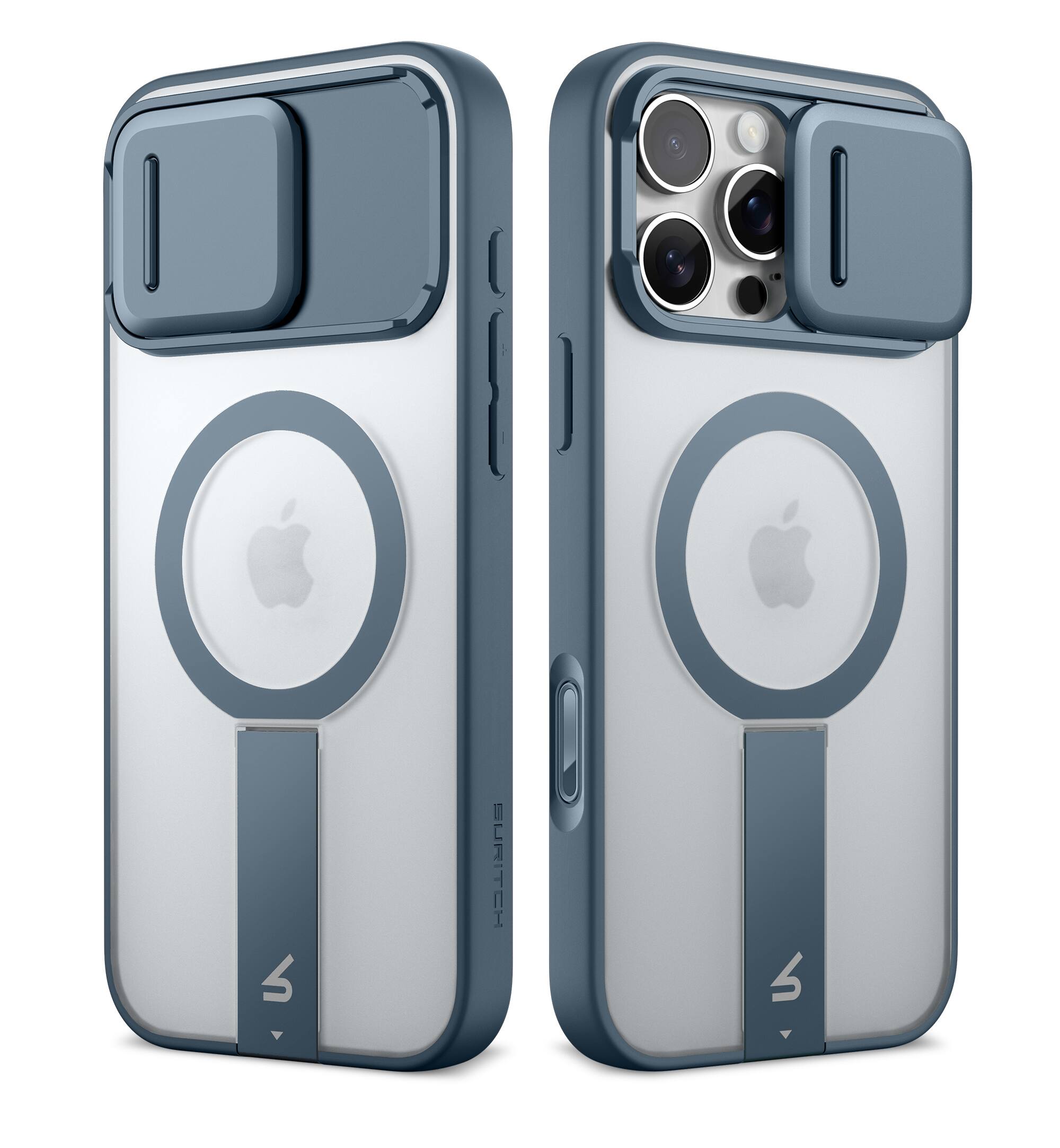 Angle. SURITCH - Rugged Case for iPhone 16 Pro, Compatible with MagSafe, Built-in Kickstand & Camera Cover & Translucent Back 6.3 inch - Deep Blue.