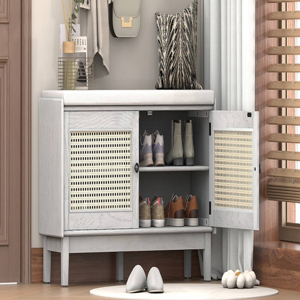 Alt View 1. Ropilly - Ropilly Boho Rattan Entryway Bench Cushioned Shoe Storage Bench with Double Doors Wooden Hallway Organizer Gray Wash - Gray Wash.