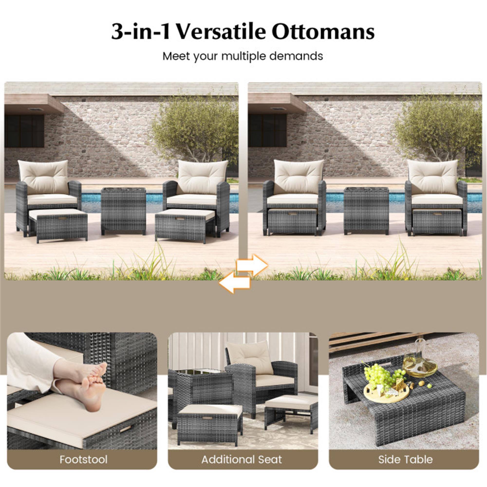 3-in-1 Versatile Ottomans  
Meet your multiple demands  

Footstool  
Additional Seat  
Side Table