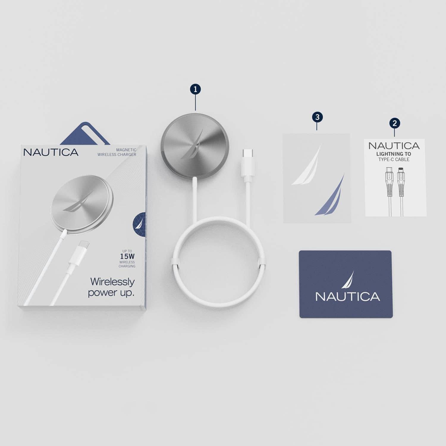 1. Wirelessly power up.
2. Magnetic Nautica Wireless Charger.
3. Nautica Lightning to Type-C Cable.
