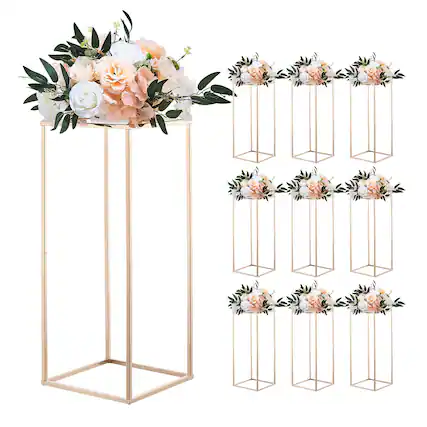 Front. VEVOR - Wedding Flower Stand, 10PCS 23.62-inch Column Flower Stand, Floral Stands with Acrylic Laminate, Gold Rectangular Floral - French Gold.