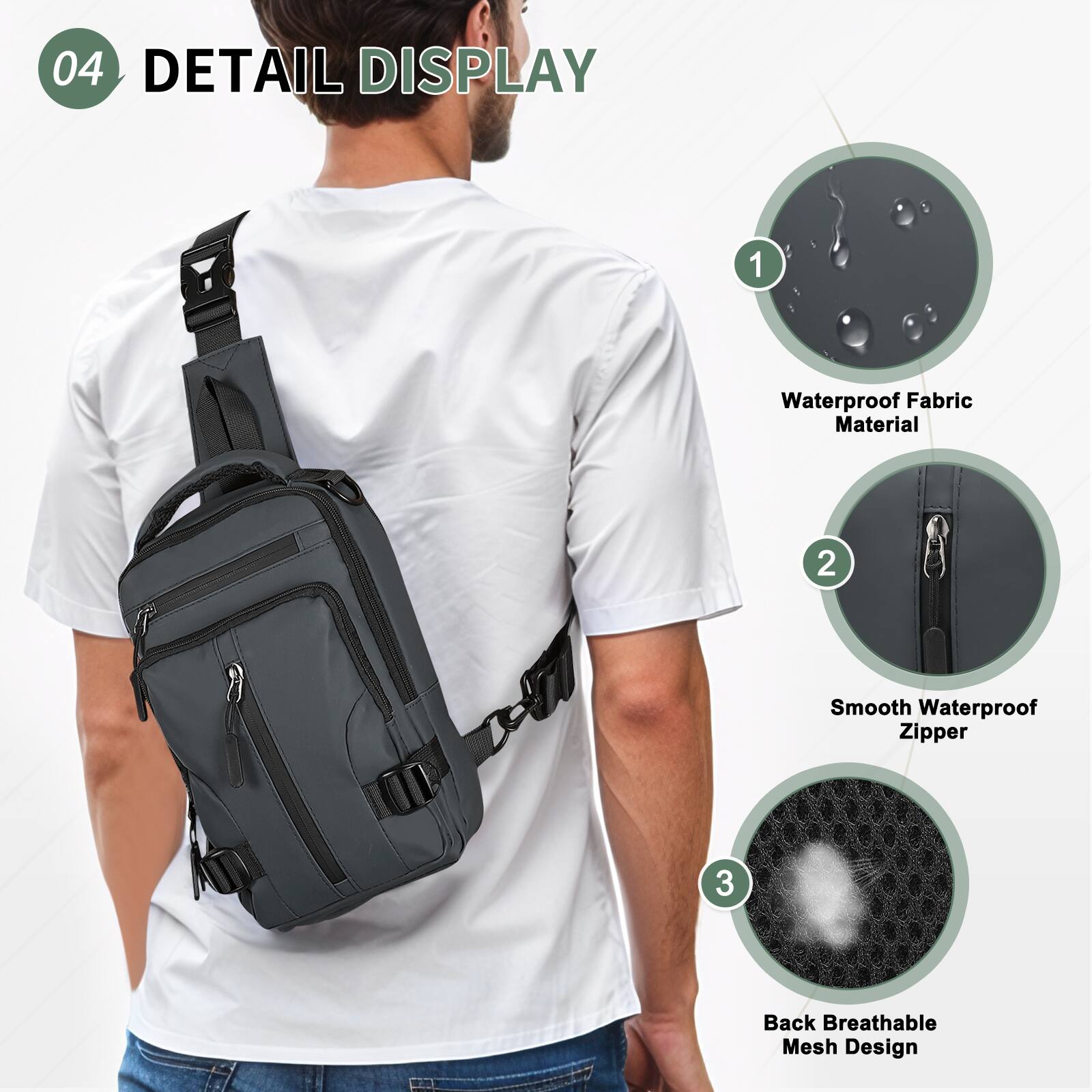 04 DETAIL DISPLAY  
1. Waterproof Fabric Material  
2. Smooth Waterproof Zipper  
3. Back Breathable Mesh Design