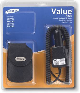 Front Standard. Samsung - Car Power Charger, Hands-Free Headset and Leather Case for Samsung Cell Phone.