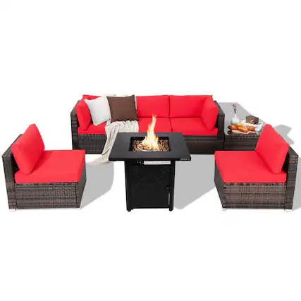 Front. Costway - 7 PCS Patio Furniture Set with 28" 50000 BTU Propane Gas Fire Pit Table Cushions - Red.