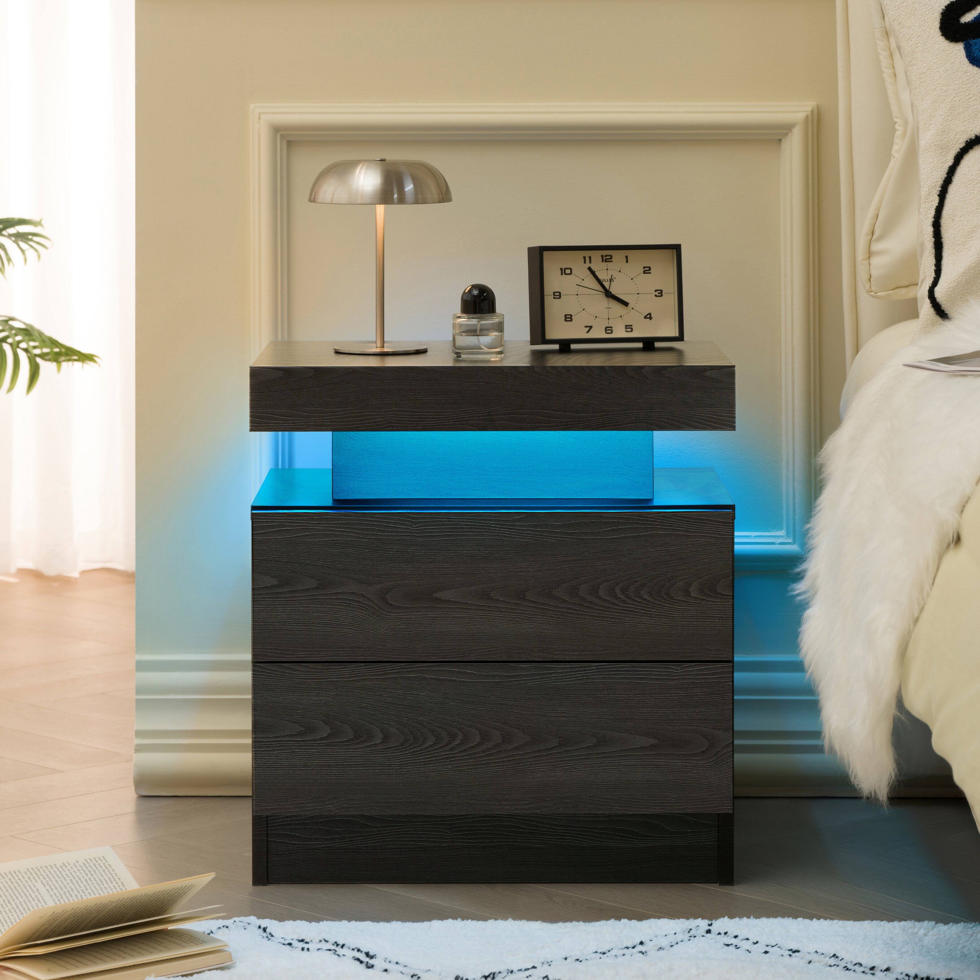 Ecooso - LED Nightstand Bedside Table, Modern 2-Drawer Storage Cabinet for Bedroom, Adjustable Lighting Design - Black Woodgrain