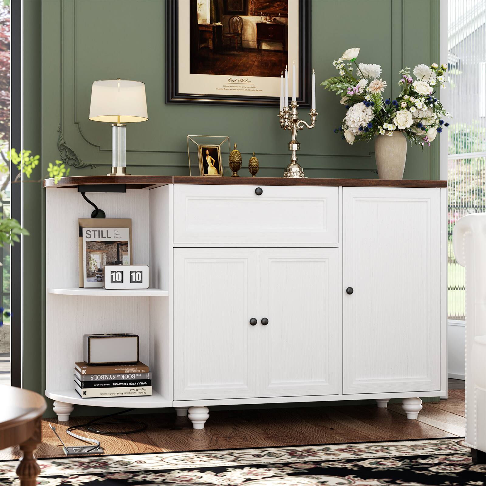 Sure, here is the corrected and grouped text from the image:

---

**Top Shelf:**
- "STILL" (on the book cover)

**Middle Shelf:**
- "10 10" (on the calendar)

**Bottom Shelf:**
- "BOB VILA" (on the book spine)
- "K" (on the book spine)

**Other Text:**
- "K" (on the book spine, repeated)

---

This text is extracted from the visible items on the shelves in the image.