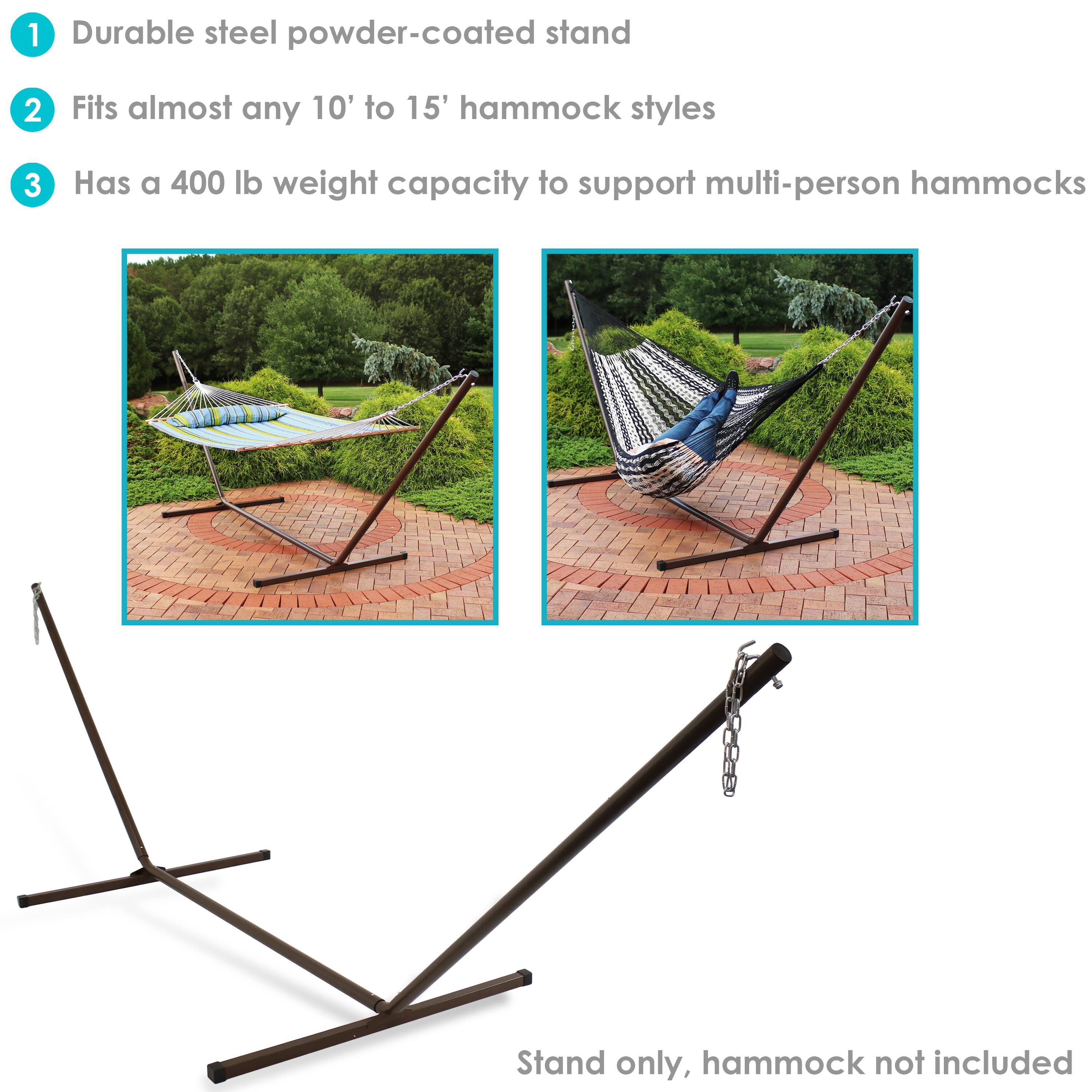 1. Durable steel powder-coated stand
2. Fits almost any 10' to 15' hammock styles
3. Has a 400 lb weight capacity to support multi-person hammocks

Stand only, hammock not included