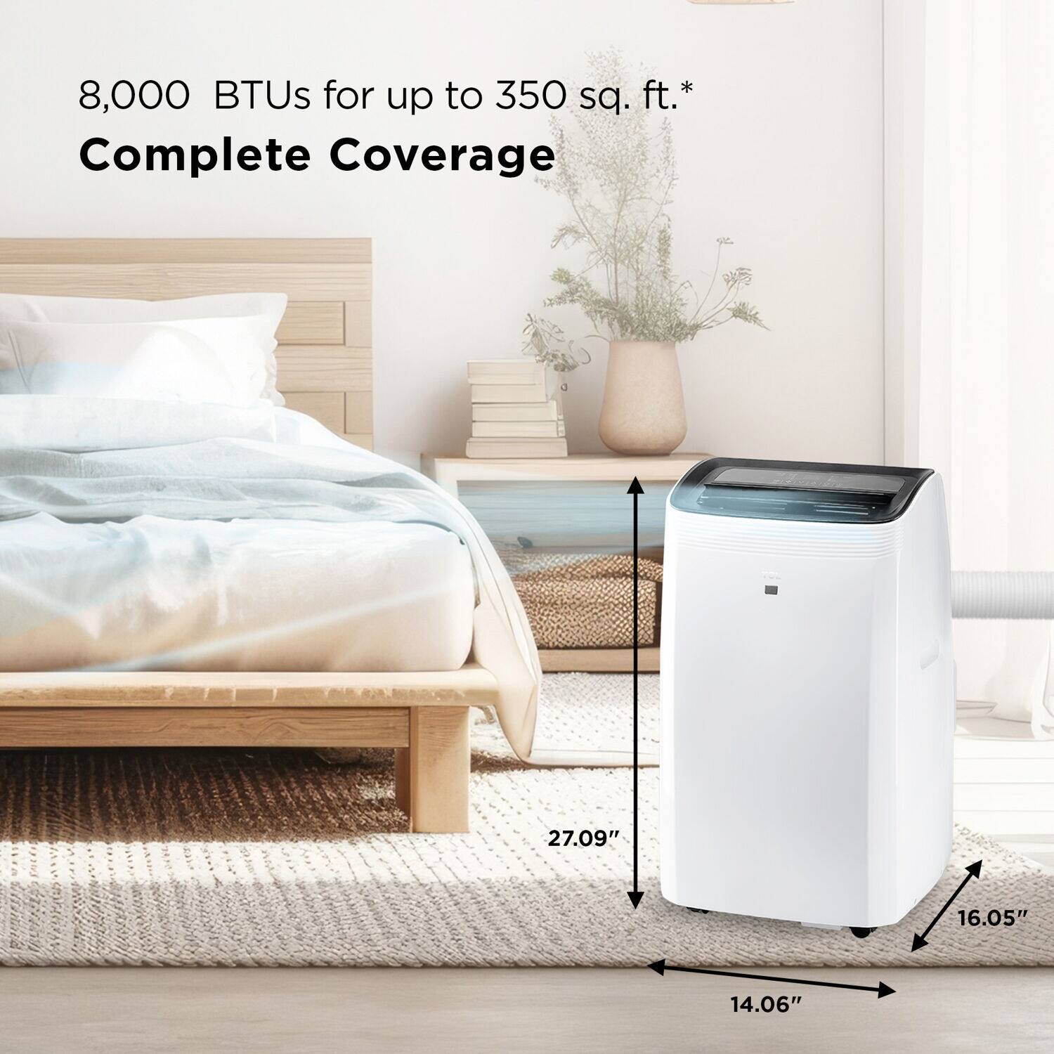 The text on the image reads: "8,000 BTUs for up to 350 sq. ft.* Complete Coverage 27.09" 16.05" 14.06"."