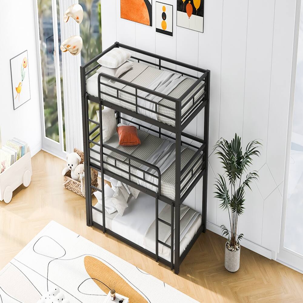 Alt View 4. Loheer - Loheer Metal Triple Bunk Bed Twin Over Twin Over Twin Black Heavy Duty Space Saving Frame - Black.