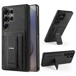 Dteck - Slim Card Holder Case for Samsung Galaxy S25 Ultra, Shockproof Wallet Protective Cover with Kickstand - Black