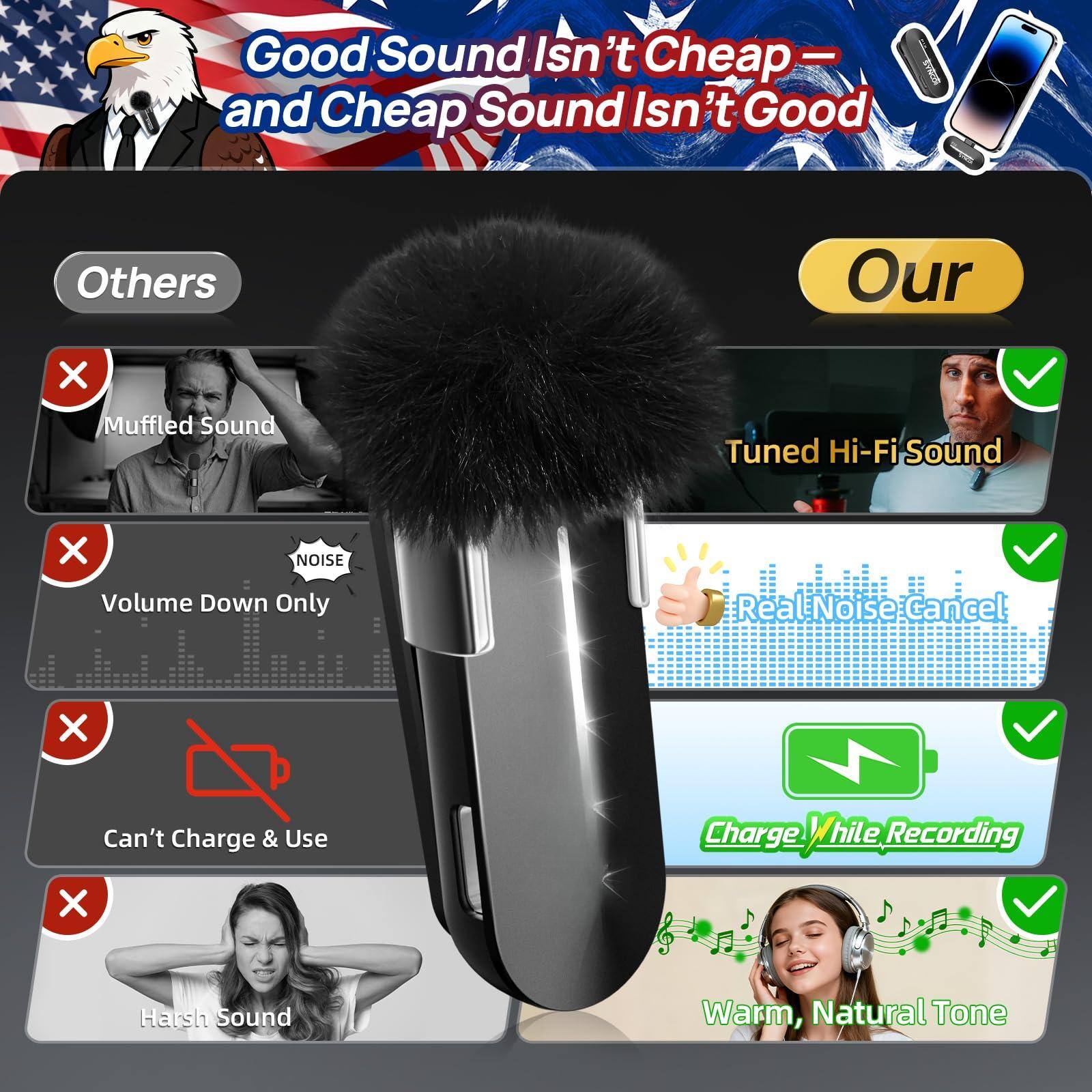 Good Sound Isn't Cheap and Cheap Sound Isn't Good

Others:
- Muffled Sound
- Volume Down Only
- Can't Charge & Use
- Harsh Sound

Our:
- Tuned Hi-Fi Sound
- Real Noise Cancel
- Charge While Recording
- Warm, Natural Tone