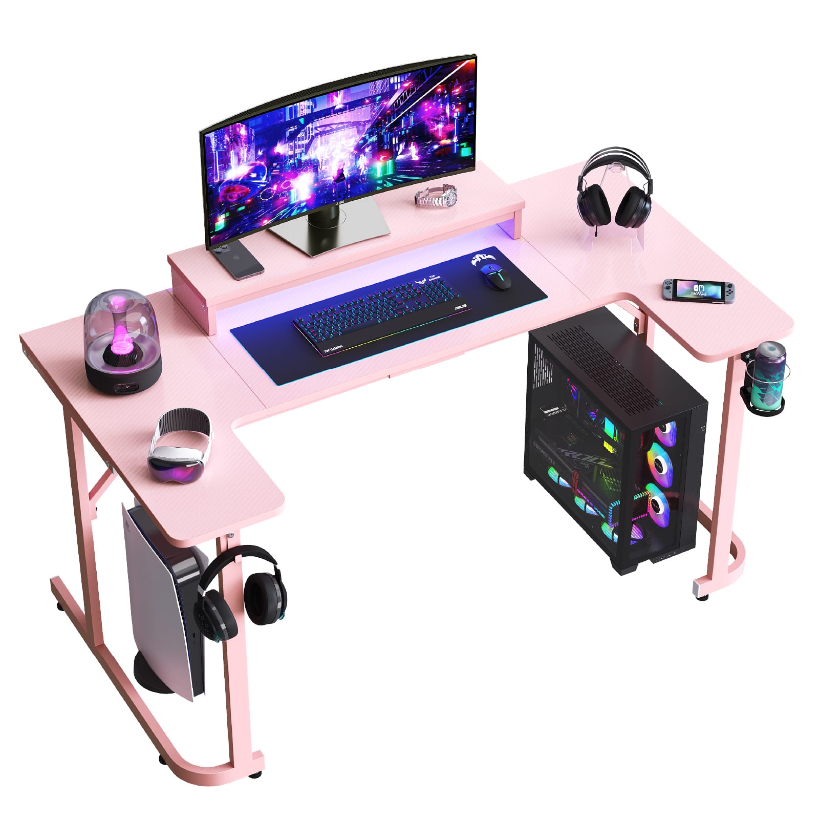 Bestier - U-Shaped Gaming Desk with Monitor Stand, LED Lighting, Headphone Hooks, and Cup Holder - 59-inch Pink Carbon Fiber