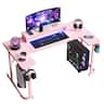 Bestier - 59 inch Gaming Desk U-Shaped with LED Lighting, Monitor Stand, LED Lighting, Headphone Hooks & Cup Holder - Pink Carbon Fiber