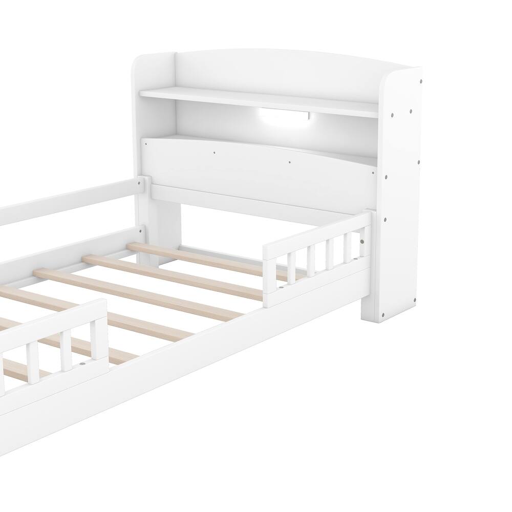 Alt View 6. Loheer - Loheer Twin Size Platform Bed, Wood Twin Bed with Built-in LED Light, Storage Headboard and Guardrail, White - White.