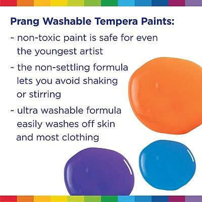 Prang Washable Tempera Paints:

- non-toxic paint is safe for even the youngest artist
- the non-settling formula lets you avoid shaking or stirring
- ultra washable formula easily washes off skin and most clothing