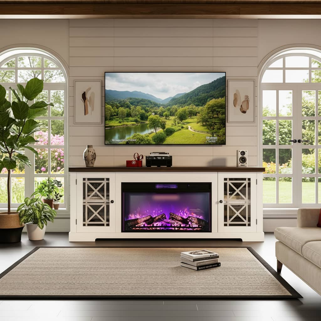 GARVEE - 70" Fireplace TV Stand with 36" Remote, Up to 80" - White