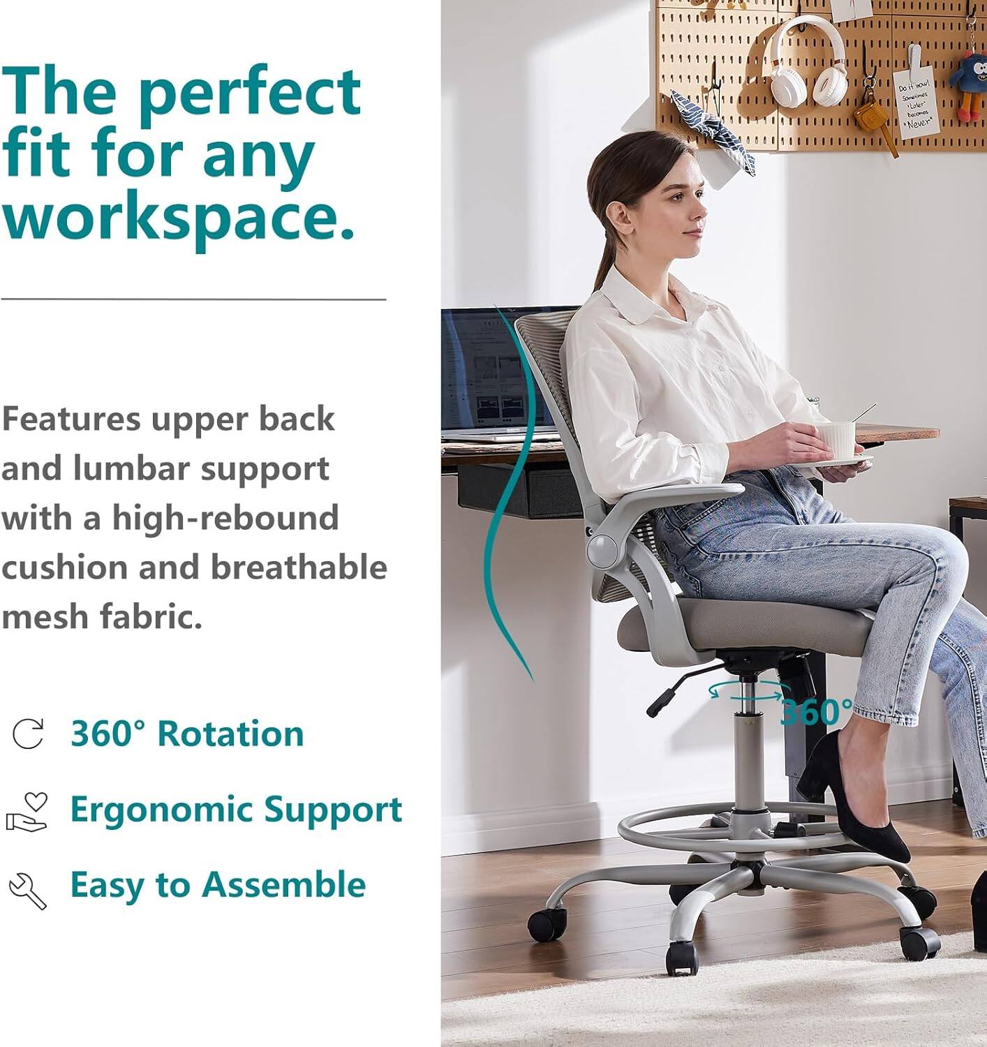 The perfect fit for any workspace. Features upper back and lumbar support with a high-rebound cushion and breathable mesh fabric. 360° Rotation Ergonomic Support Easy to Assemble